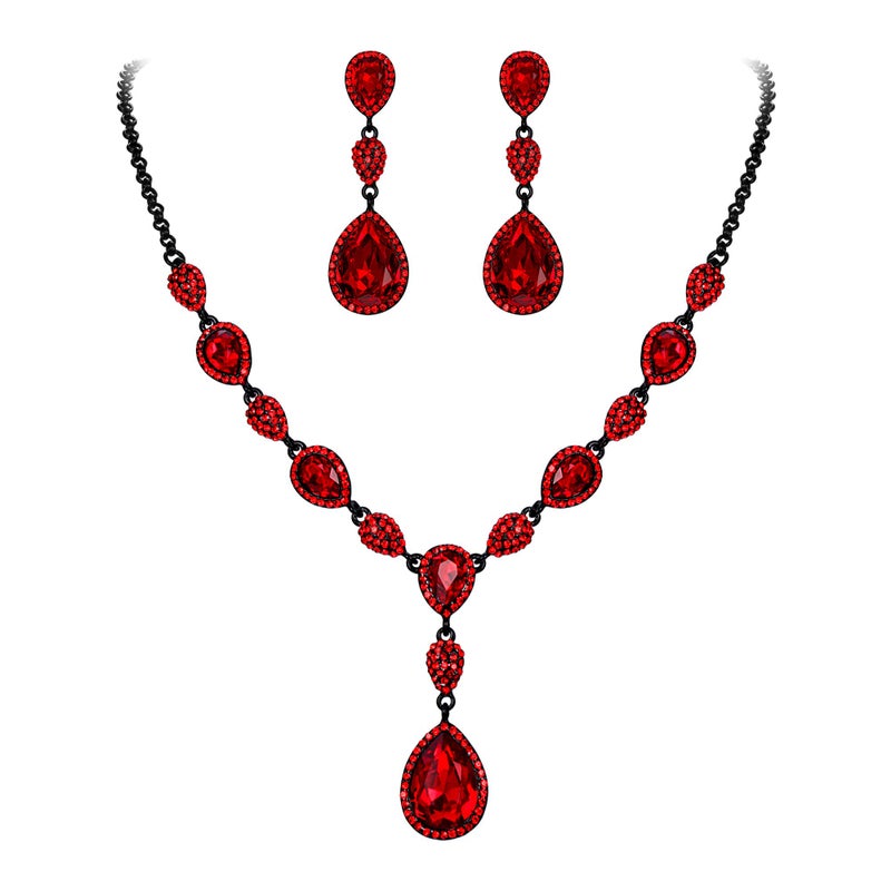 EleQueen Women's Cubic Zirconia Teardrop Y-Necklaces Dangle Earrings Sets for Brides Bridesmaids Ruby Black-Tone - Image 1